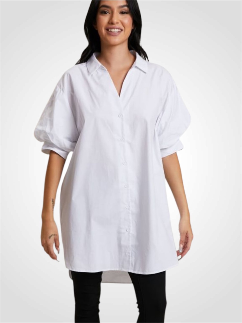 GeeGee White Cotton Button-Front Puff Sleeve Tunic Large